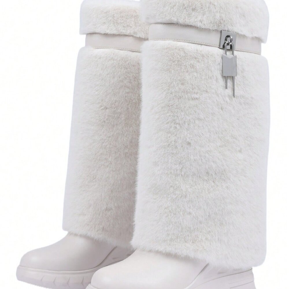Beige Outdoor Women's Fluffy Knee Snow Boots